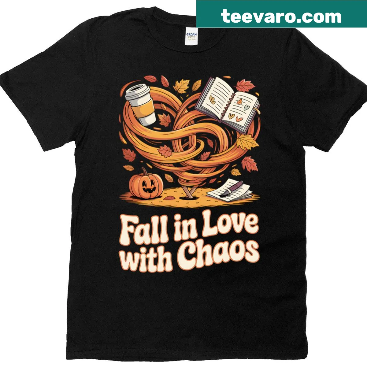 Typographic design saying 'Fall In Love With Chaos' on a T-shirt — on a men's t-shirt