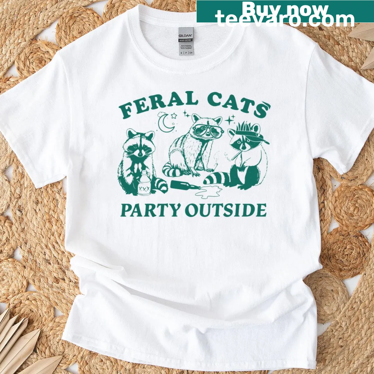 Illustration of feral cats partying outside T-shirt — on a men's t-shirt