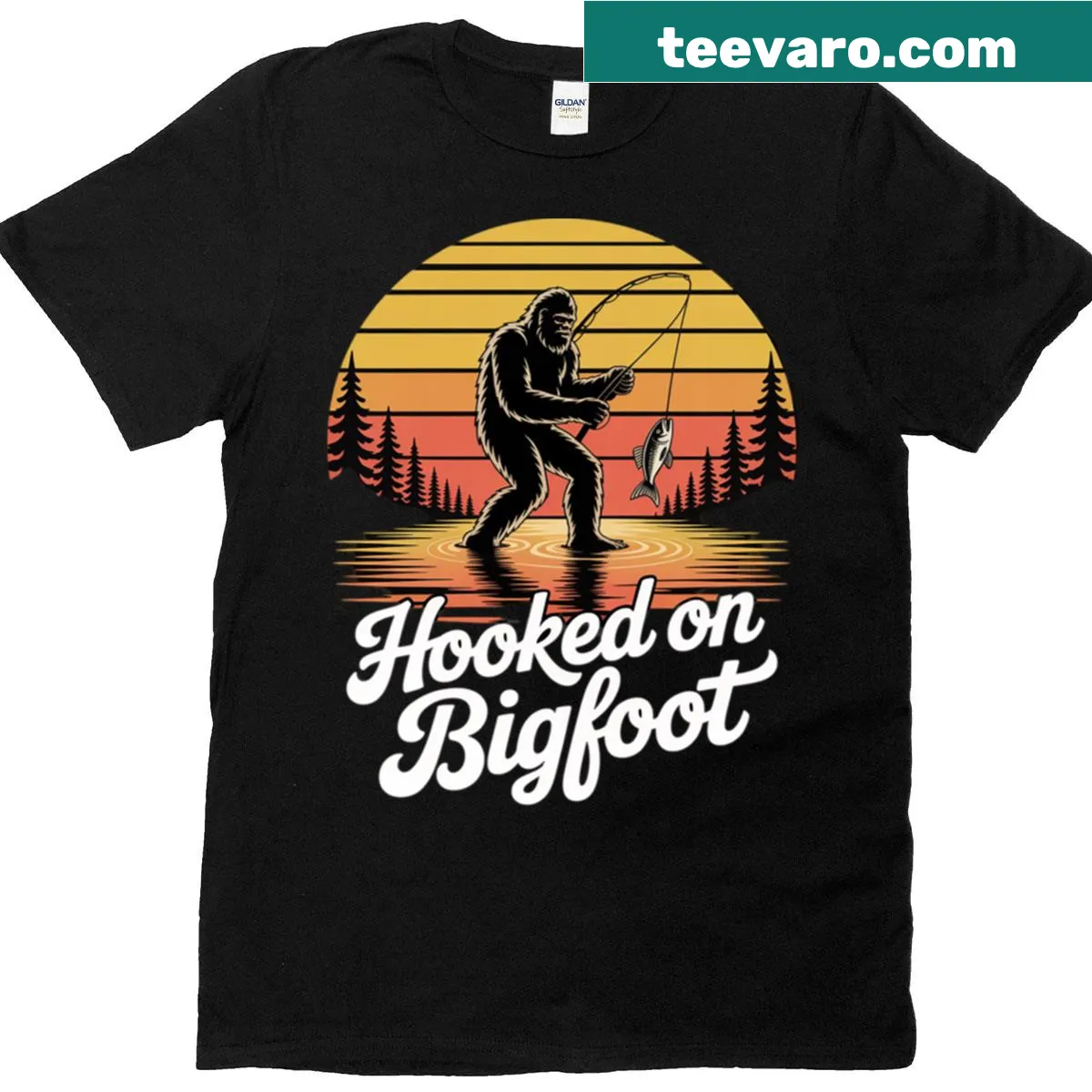 Fun T-shirt featuring Bigfoot as a fisherman — on a men's t-shirt