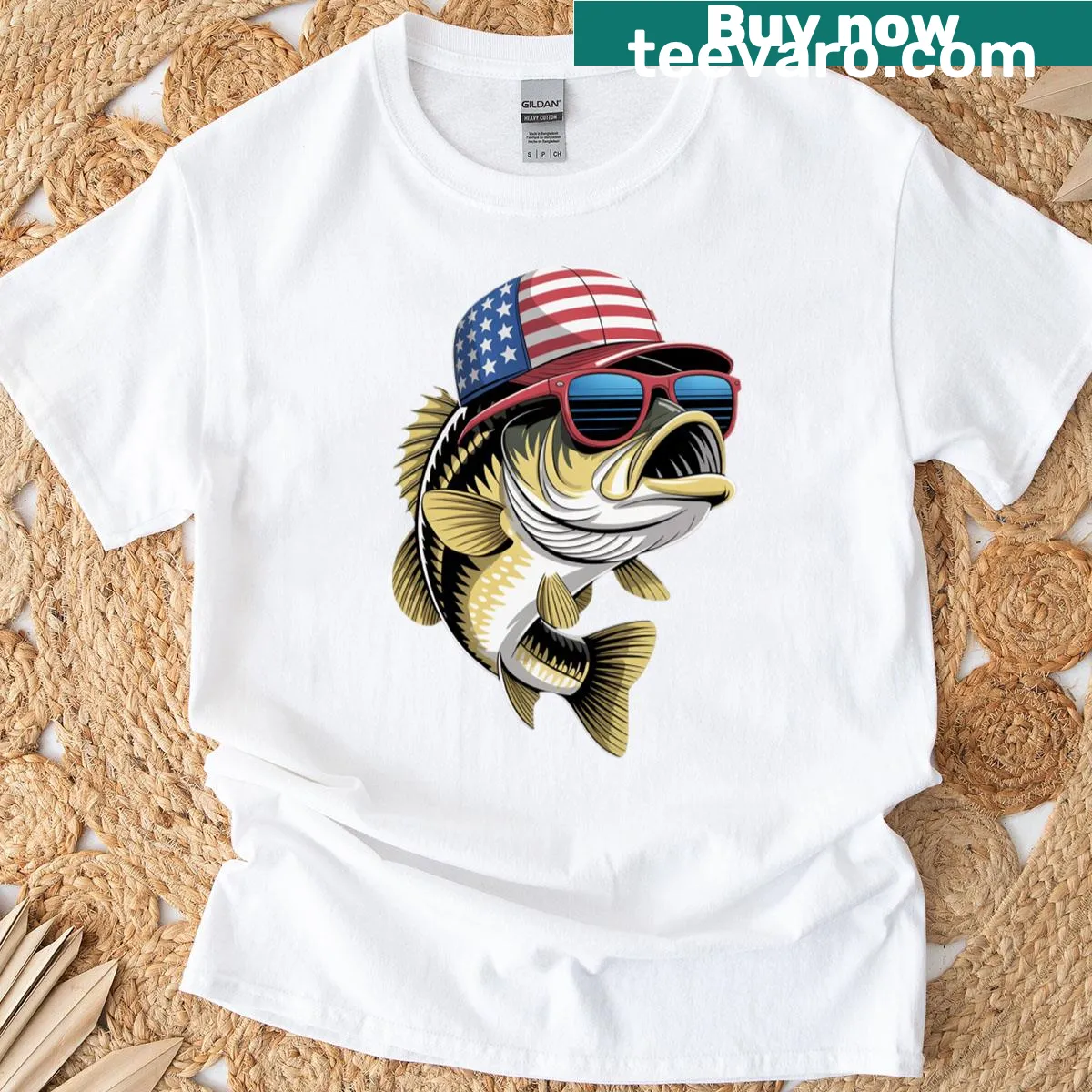 American flag fishing t-shirt with patriotic illustration — on a men's t-shirt