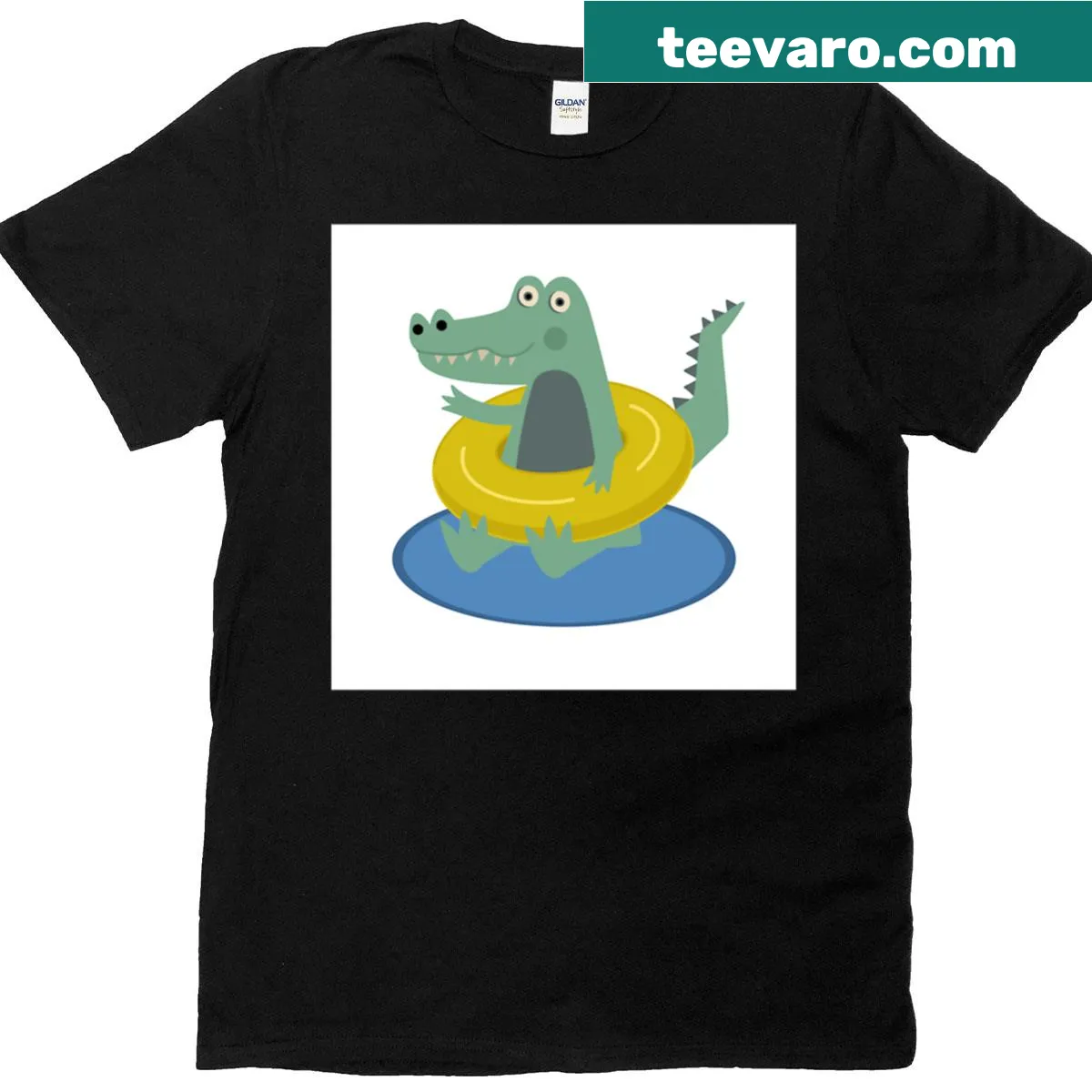 Crocodile illustration at swimming pool on oversized T-shirt — on a men's t-shirt