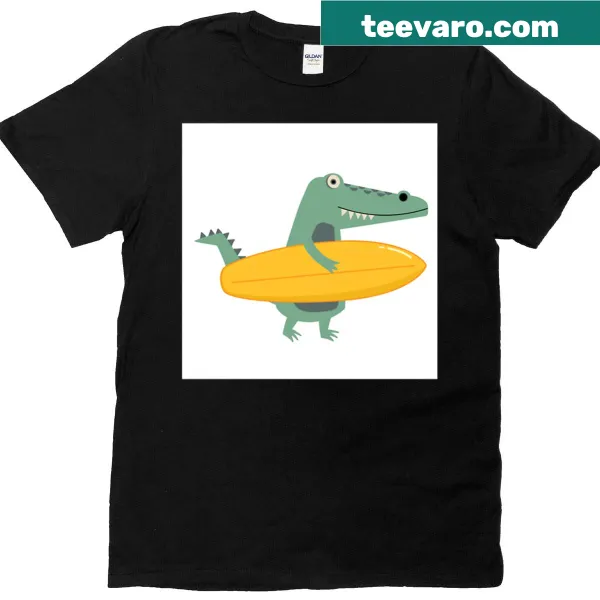 Playful crocodile illustration on a T-shirt holding a surfboard