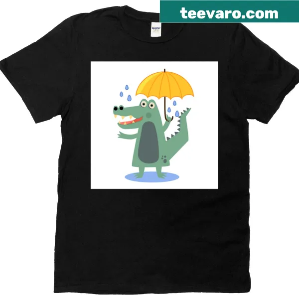Crocodile holding an umbrella illustration on an oversized t-shirt.