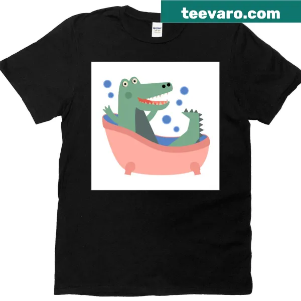 Crocodile illustration in a bathroom scene on a t-shirt
