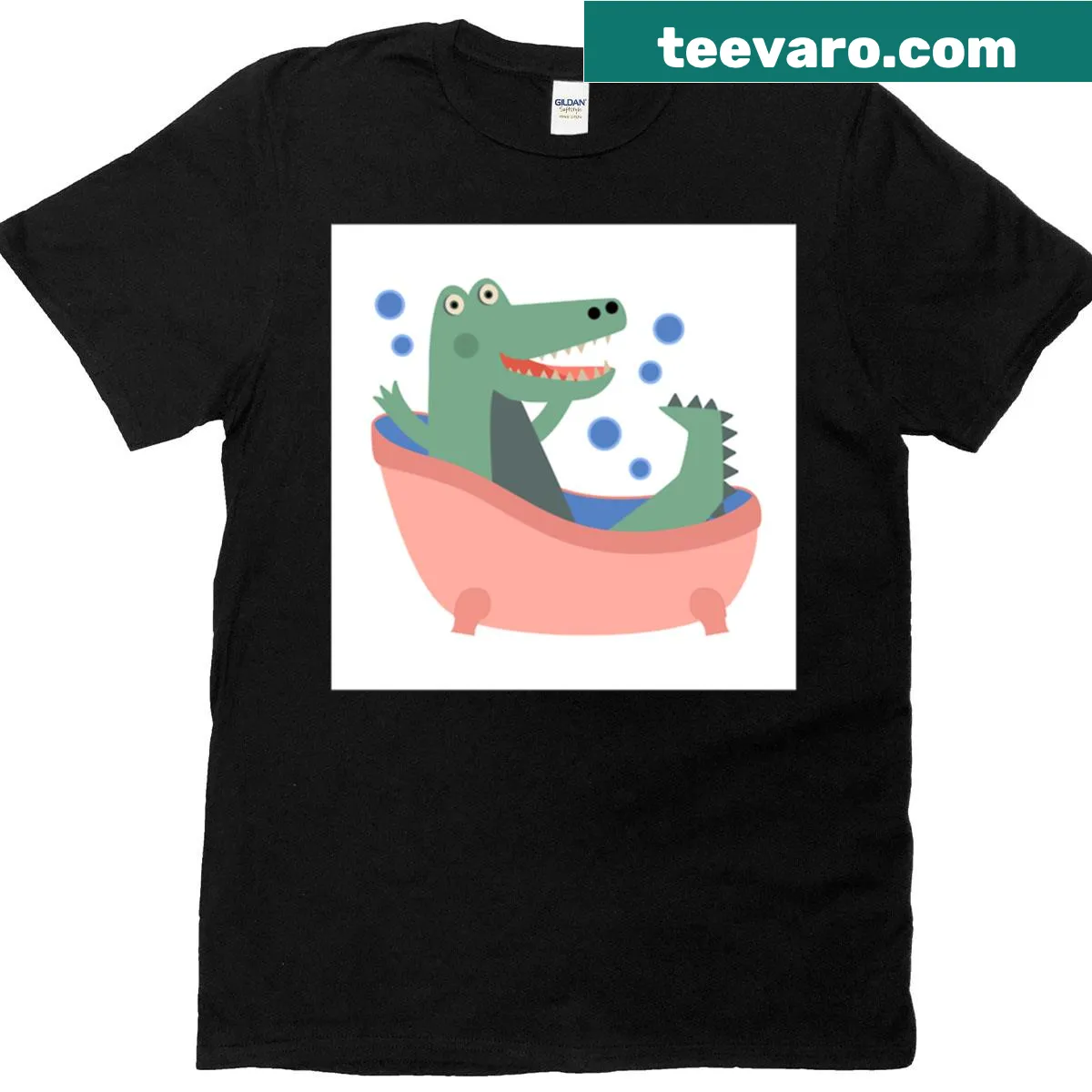 Crocodile illustration in a bathroom scene on a t-shirt — on a men's t-shirt