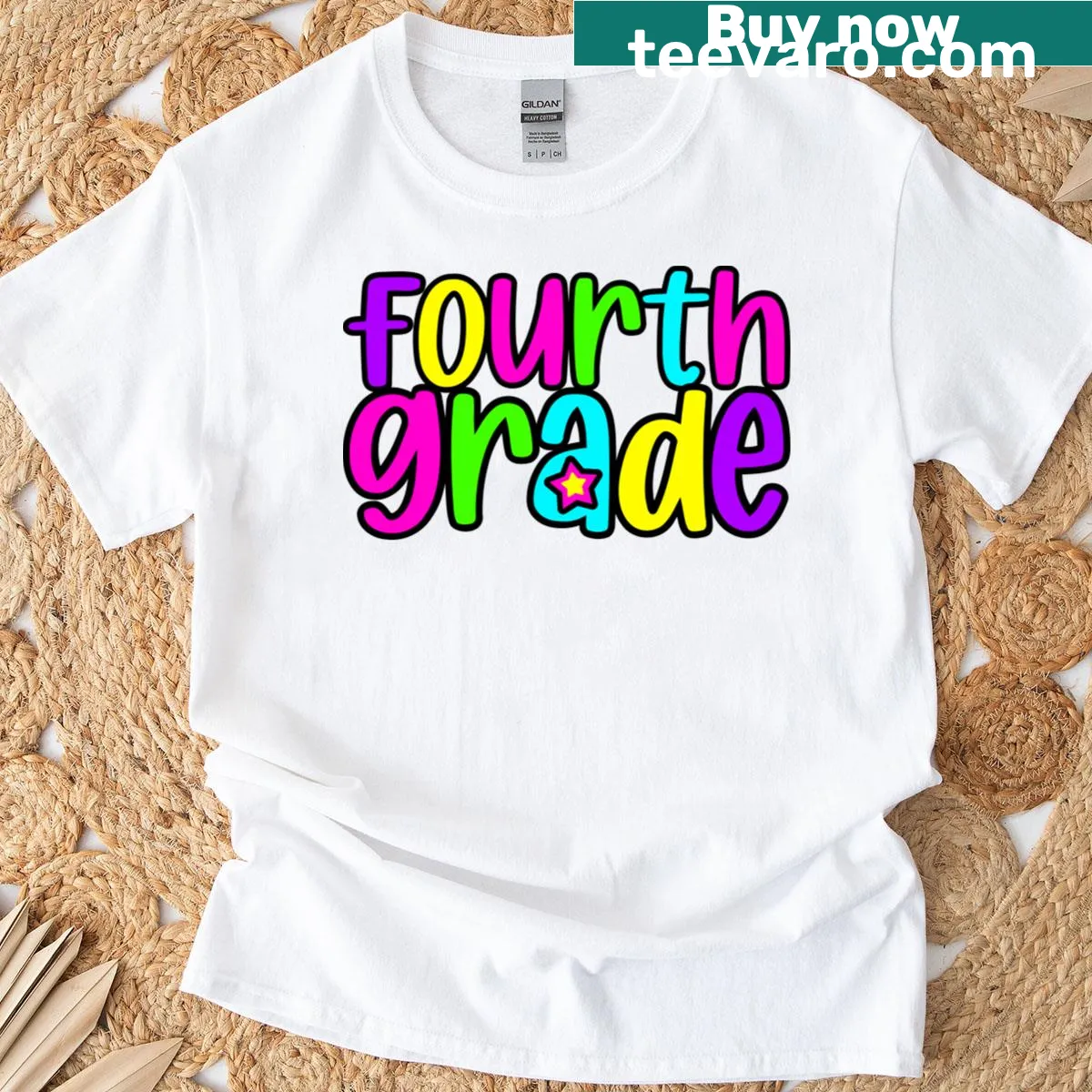 Neon rainbow star back-to-school t-shirt for fourth graders — on a men's t-shirt