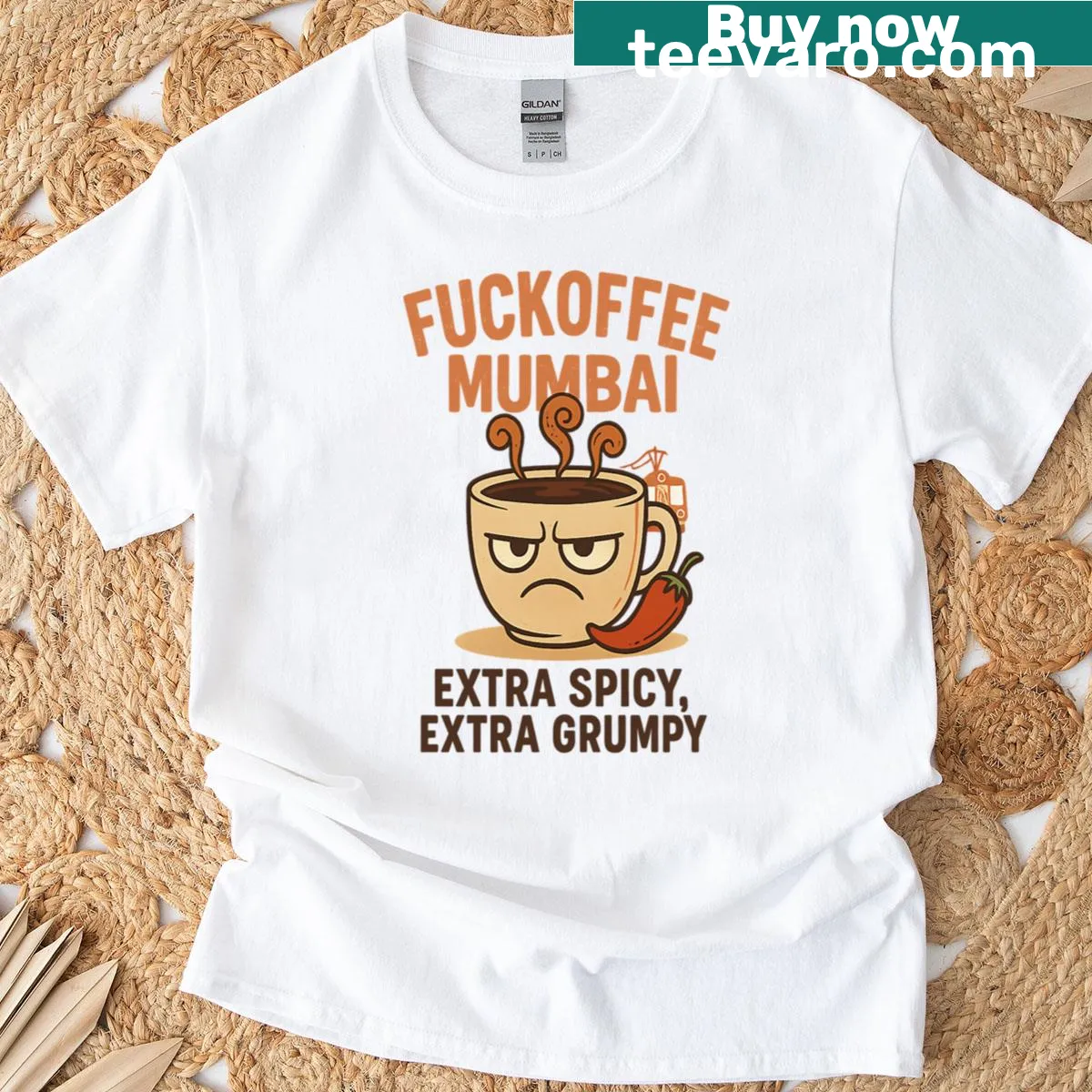 T-shirt with the slogan 'Fuckoffee Mumbai I Love Coffee Extra Spicy' in bold text — on a men's t-shirt