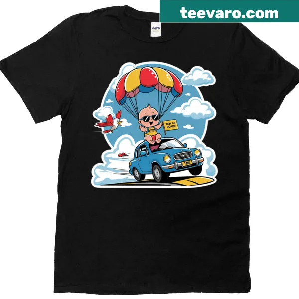Cute parachuting baby graphic on safety alert T-shirt for parents