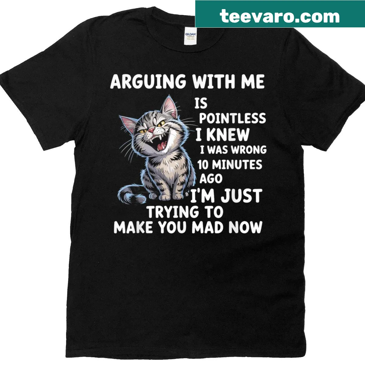 Sarcastic cat-themed typography T-shirt with humorous phrase — on a men's t-shirt