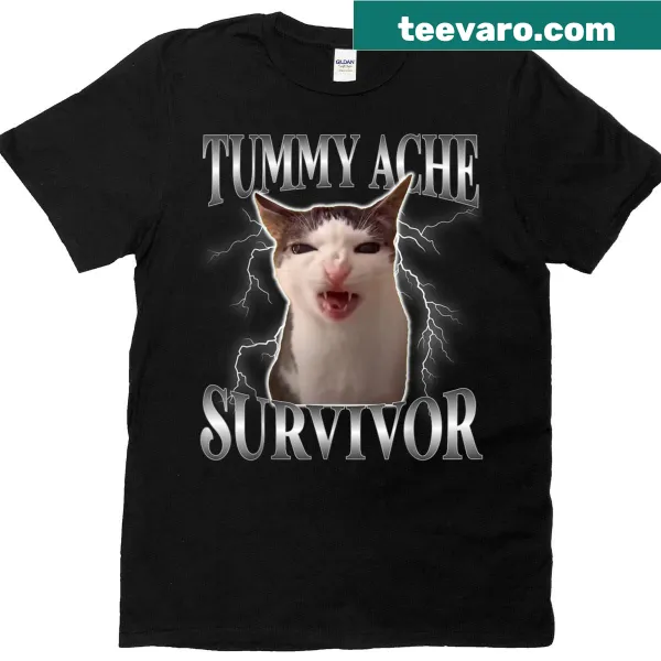 Cute kitten graphic with 'Tummy Ache Survivor' text on T-shirt