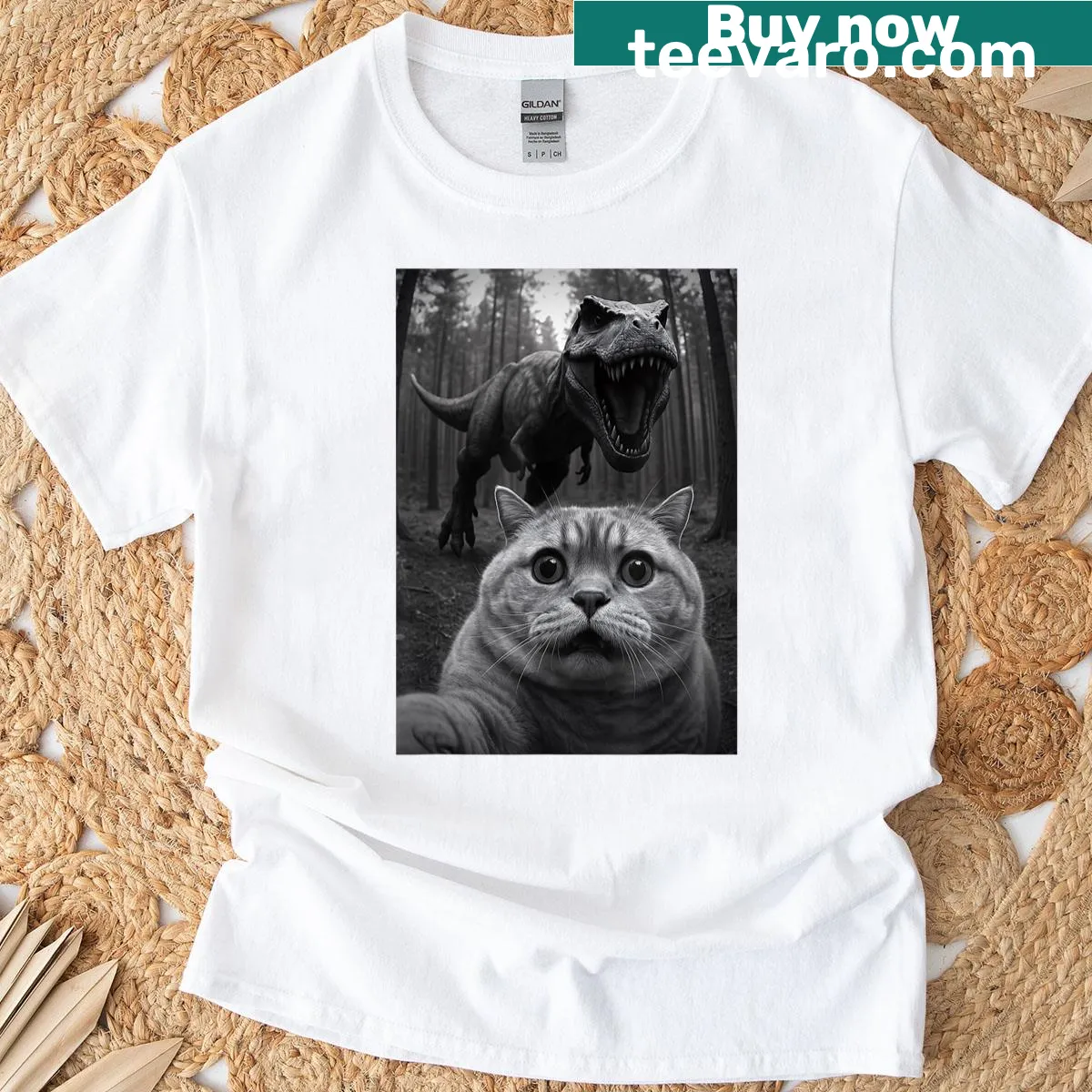 Cartoon cat dressed as a dinosaur saying cheese for a selfie. — on a men's t-shirt