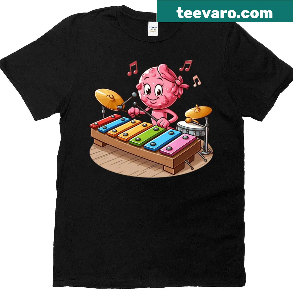 Humorous xylophone-playing figure graphic T-shirt — on a men's t-shirt