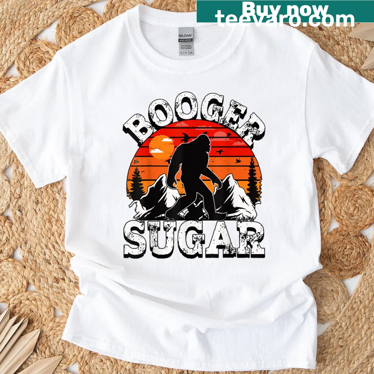 Funny T-shirt with Sasquatch and nachos graphic, referencing booger sugar — on a men's t-shirt