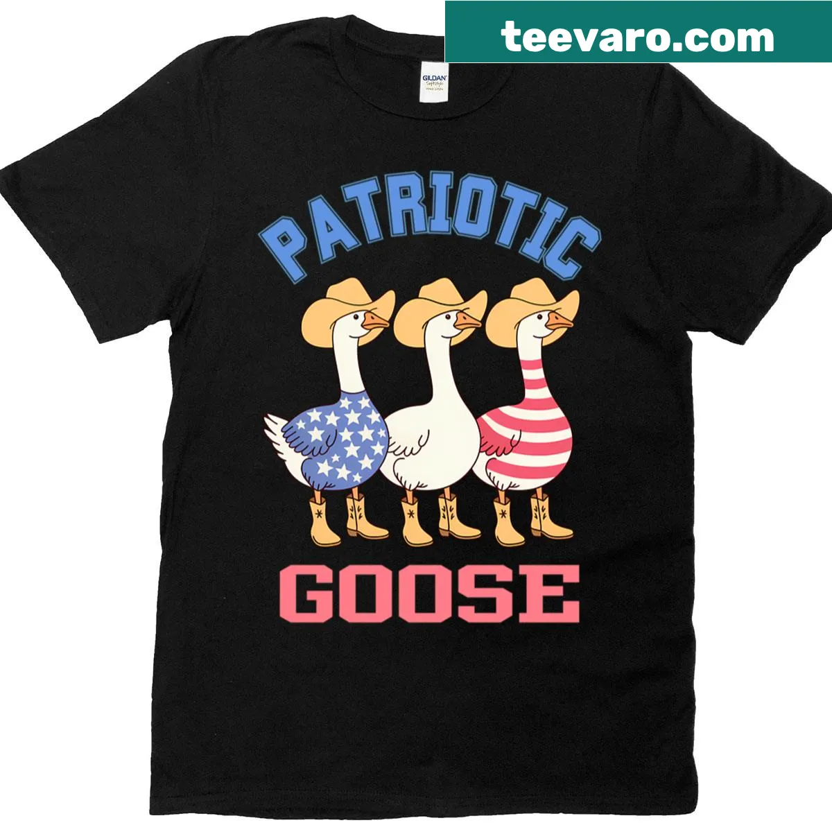 Patriotic T-shirt with a funny goose graphic — on a men's t-shirt