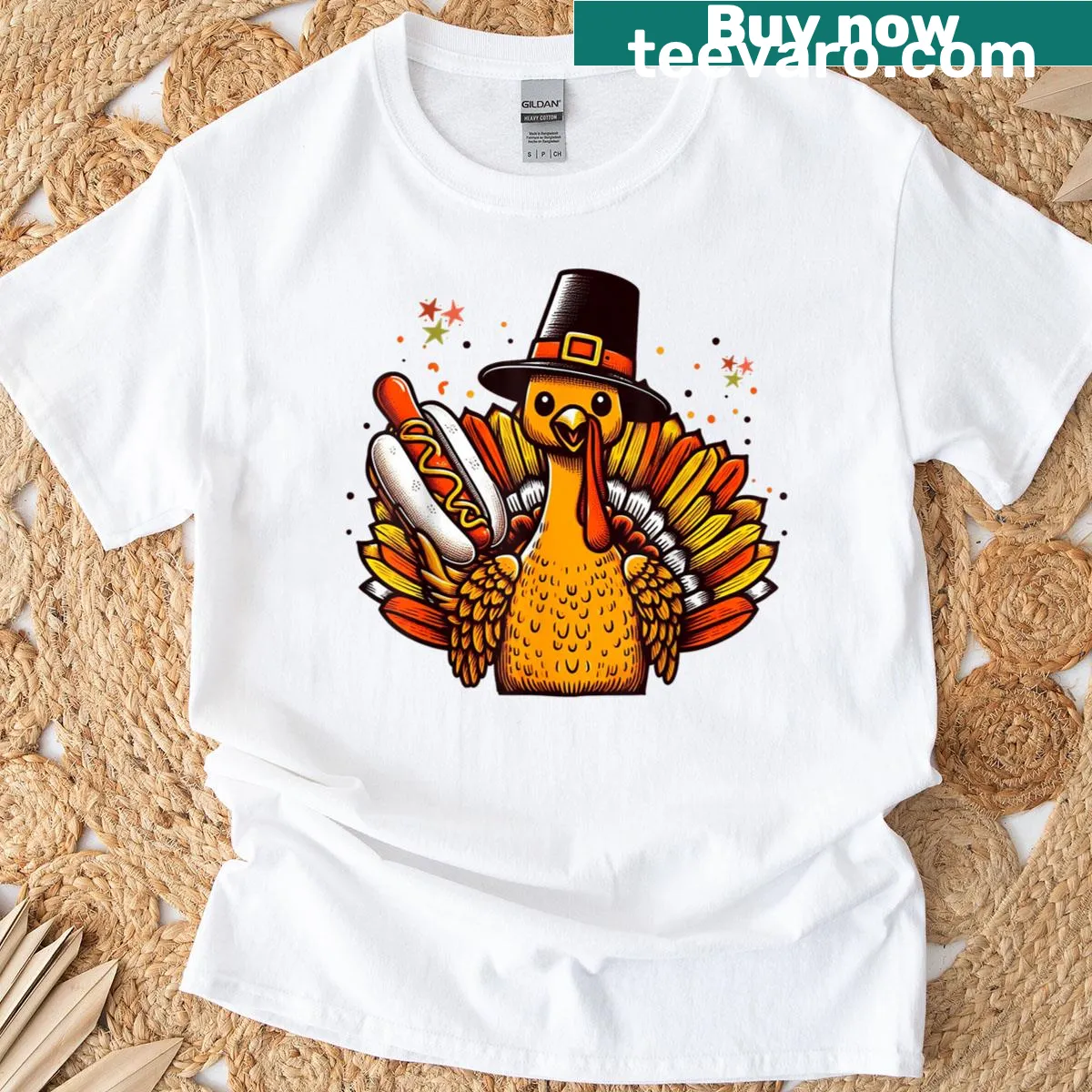 Cartoon turkey transformed into a hot dog for Thanksgiving humor — on a men's t-shirt