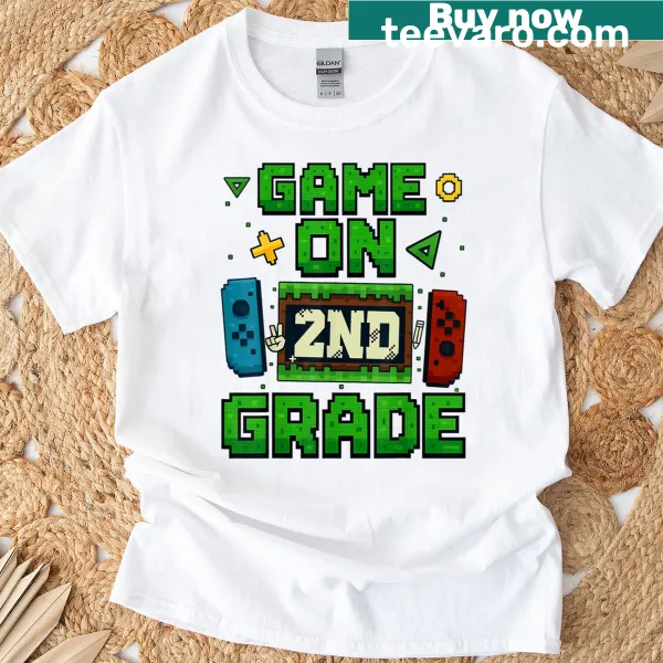 Back-to-school t-shirt for kids featuring 'Game On' and '2nd Grade' text