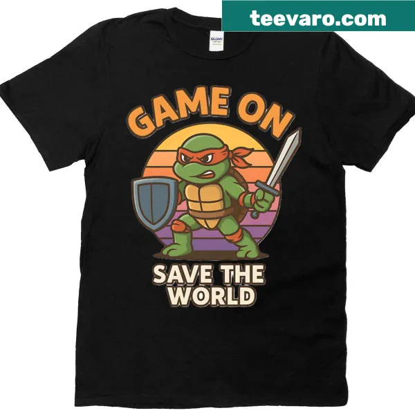Graphic of a retro turtle warrior design on a t-shirt