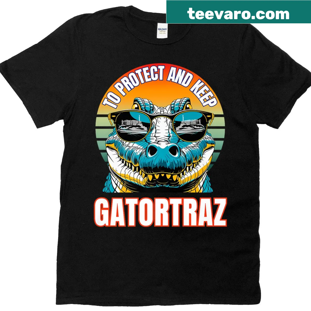 Cartoon alligator warden wearing sunglasses graphic — on a men's t-shirt