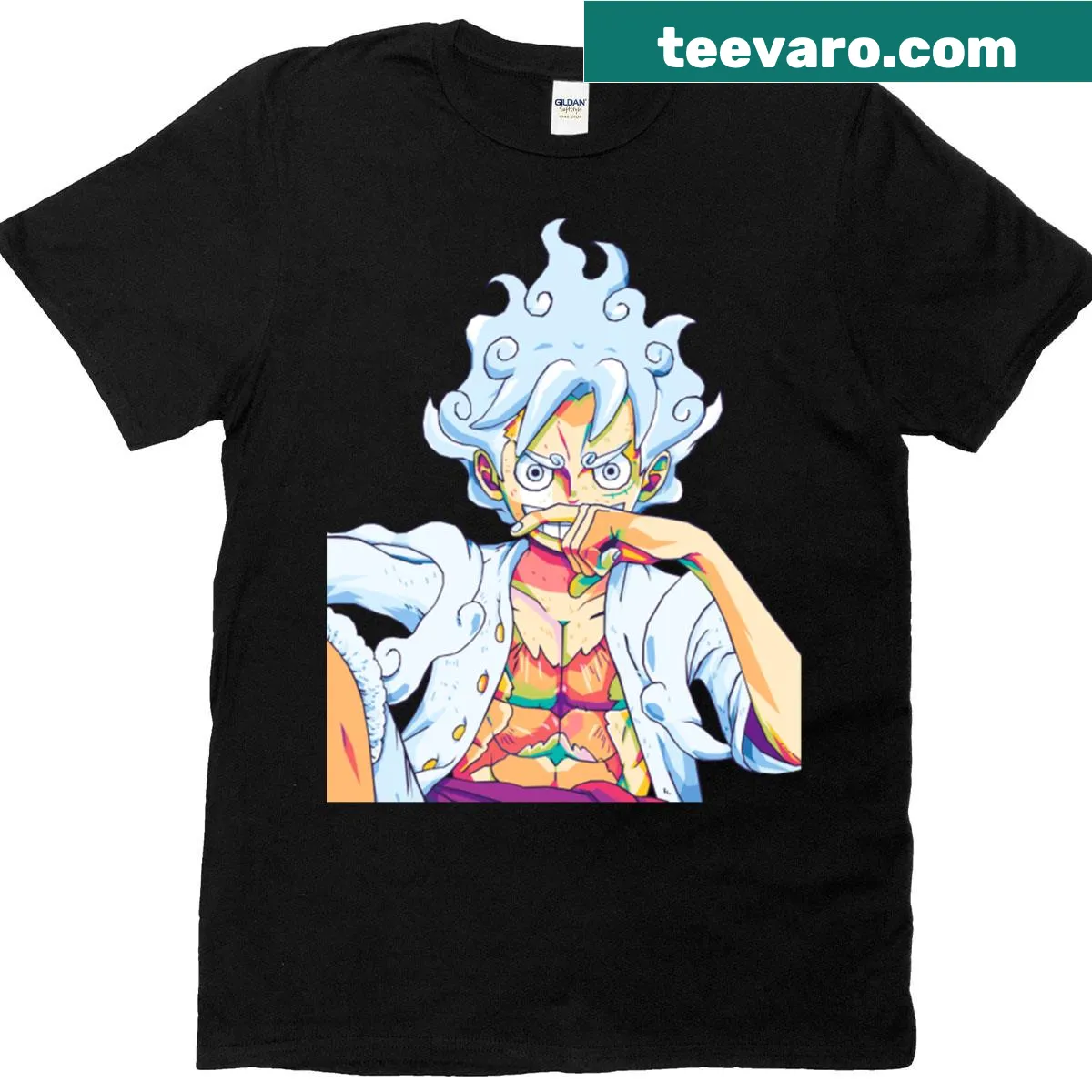 Gear 5 One Piece T-shirt featuring an anime-inspired design — on a men's t-shirt