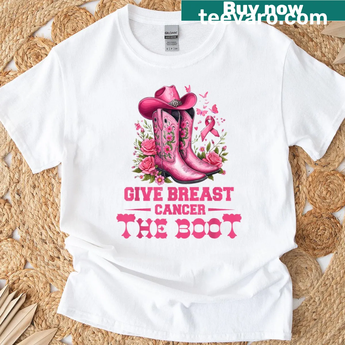 Breast cancer awareness t-shirt with cowgirl theme — on a men's t-shirt