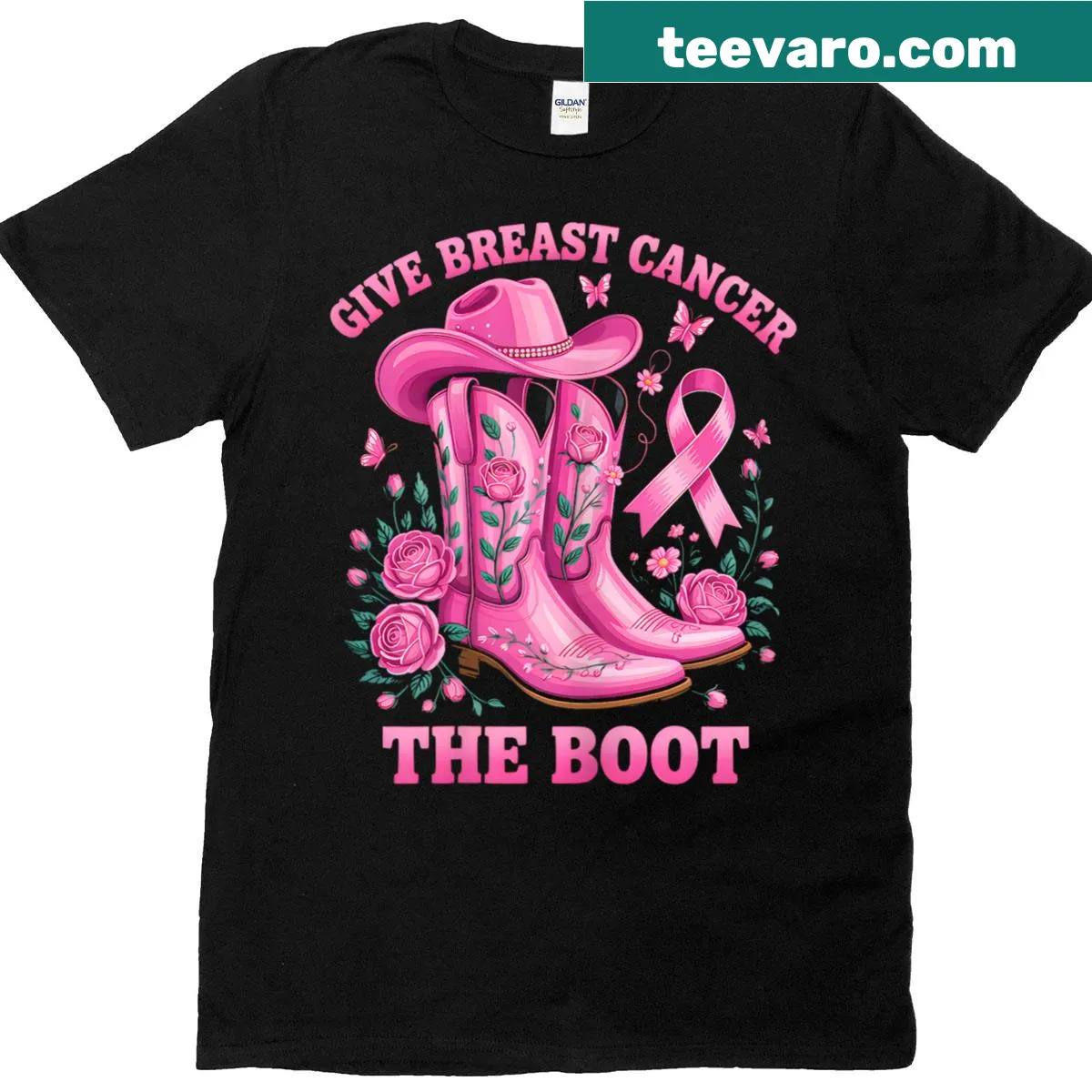 Cowgirl-themed T-shirt with anti-breast cancer message and awareness ribbon — on a men's t-shirt