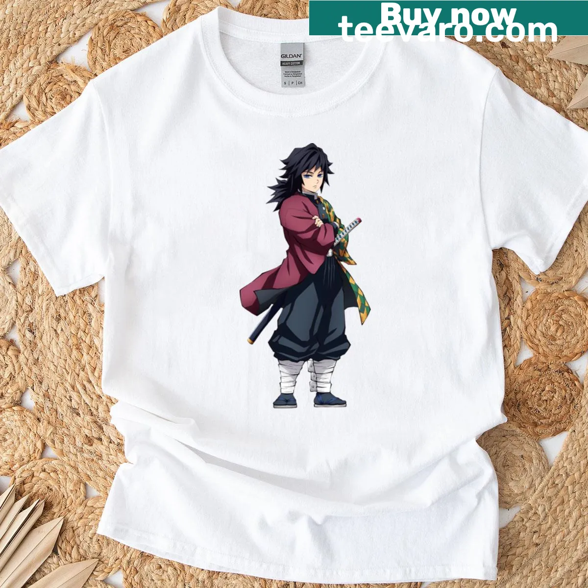 Anime t-shirt featuring Giyu Tomioka from Demon Slayer — on a men's t-shirt