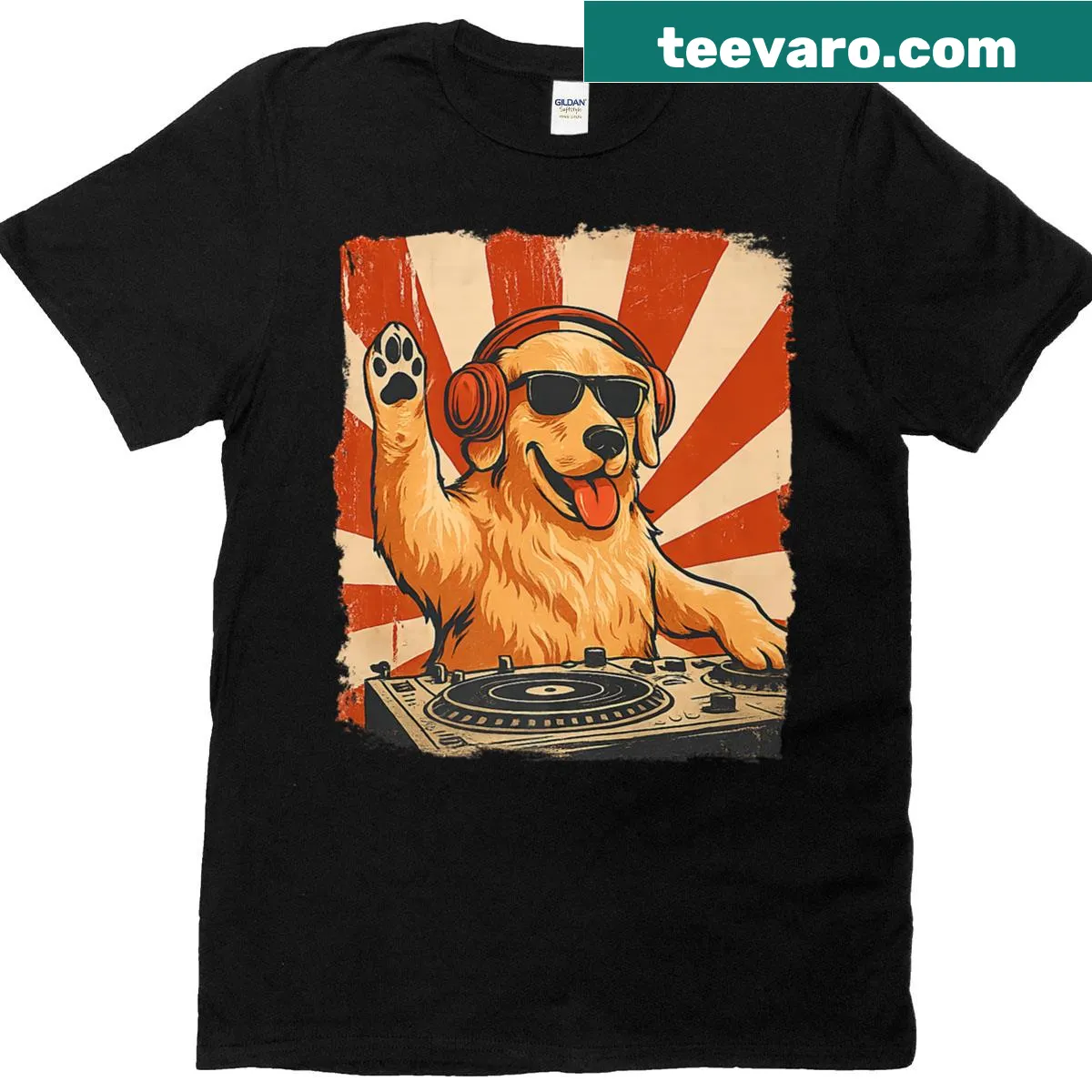 Retro design T-shirt featuring a golden retriever as a DJ — on a men's t-shirt