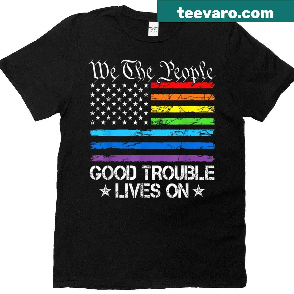 T-shirt featuring the phrase 'Good Necessary Trouble Lives On' with a rainbow and USA flag — on a men's t-shirt