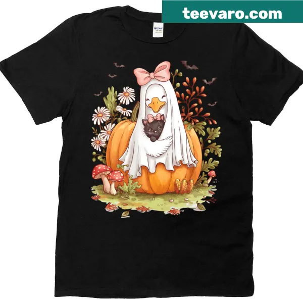 Goose and cat in ghost costumes Halloween t-shirt