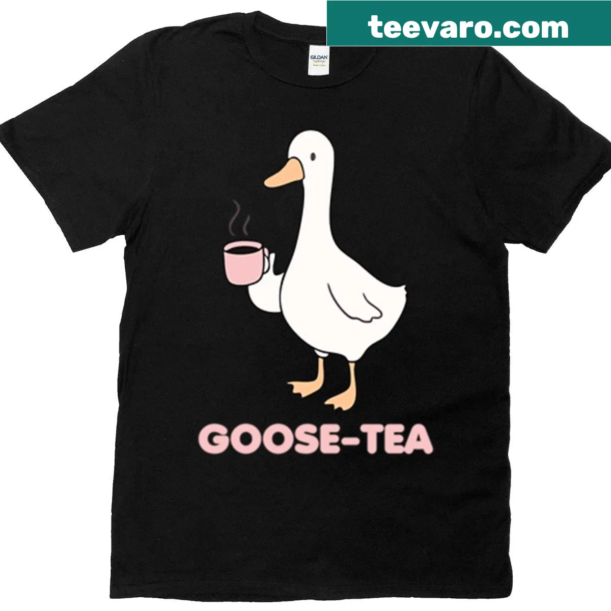 Cartoon goose sipping tea graphic on a lighthearted t-shirt — on a men's t-shirt