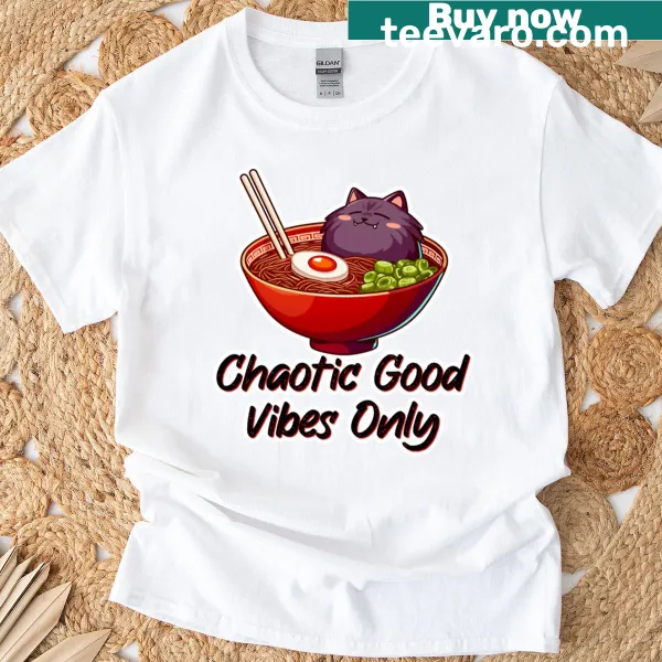 Cartoon-style 'Chaotic Good Vibes Only' t-shirt featuring Grinzo Noodleburn