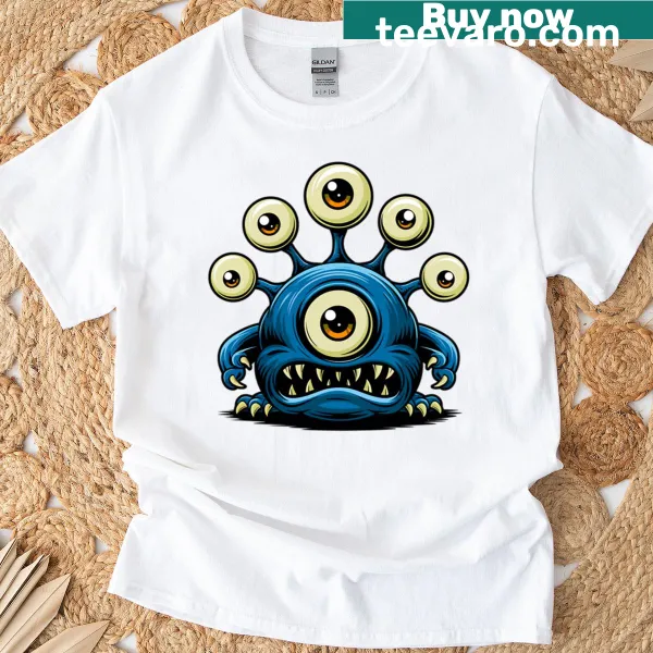 Cartoon grumpy beholder design on an oversized T-shirt