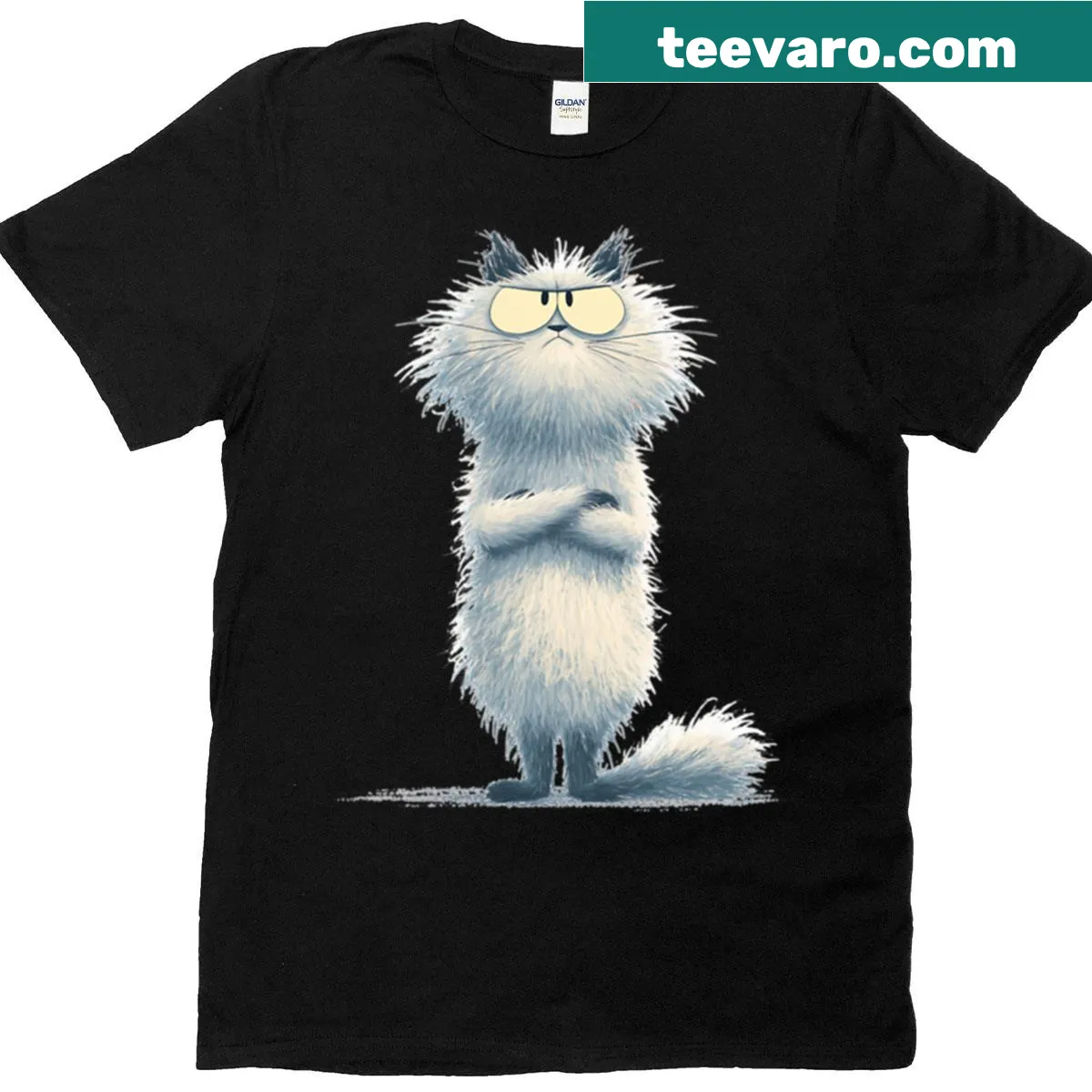 Minimalist T-shirt featuring grumpy fluffy cat illustration — on a men's t-shirt