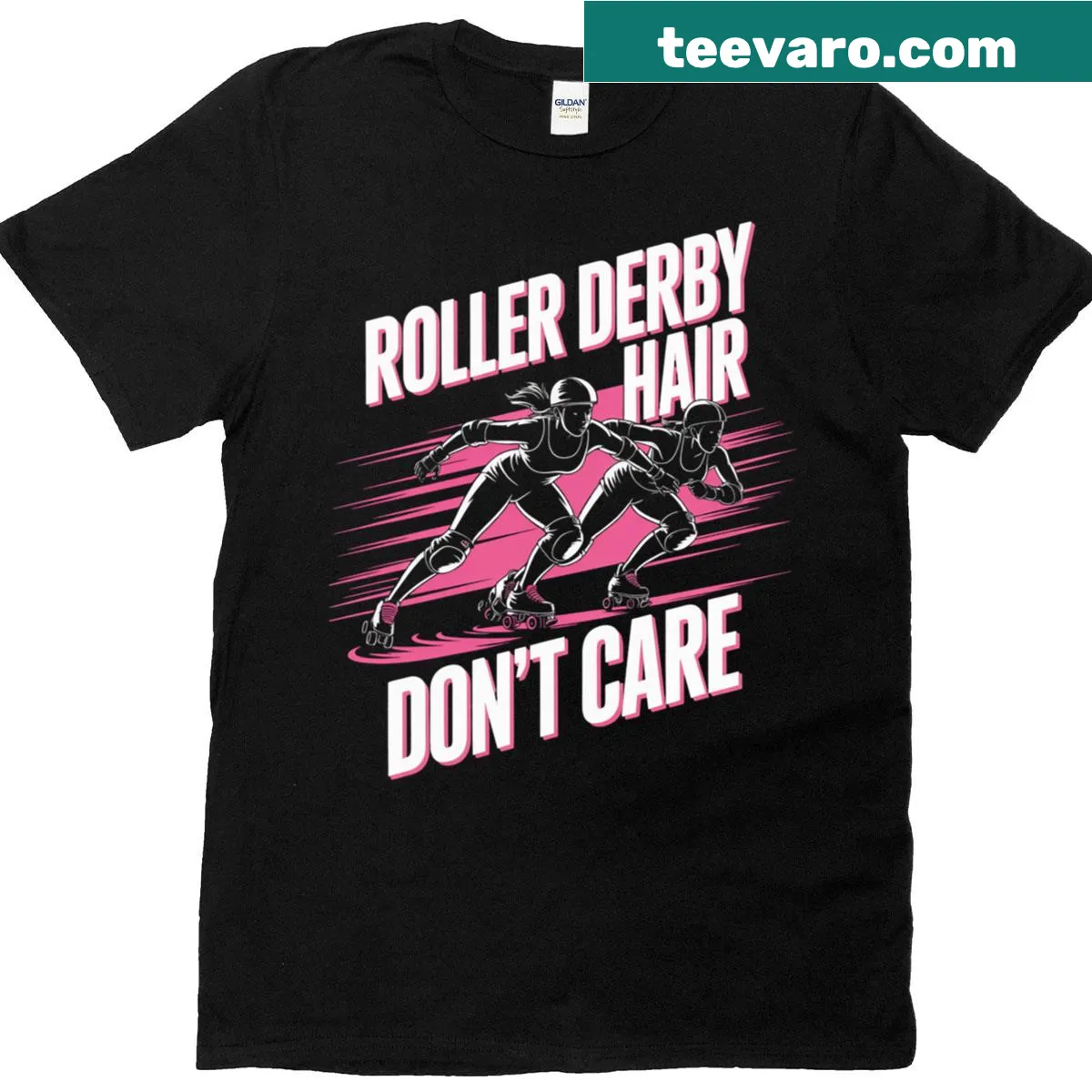 Playful roller derby graphic with the phrase 'Hair Don't Care' on a t-shirt — on a men's t-shirt