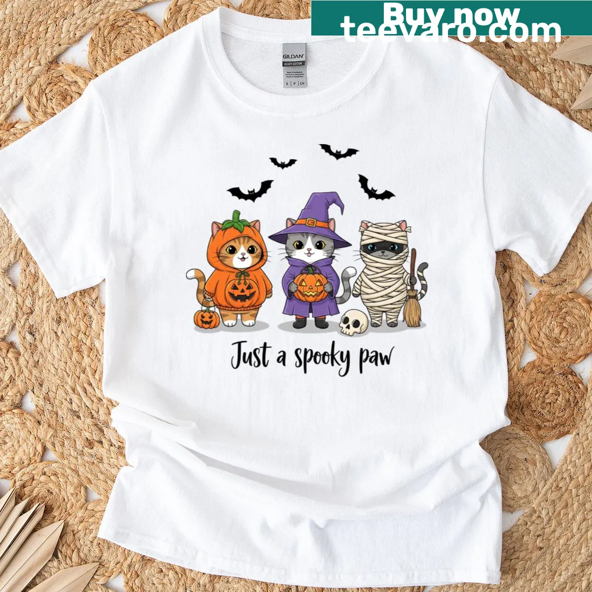 Halloween-themed T-shirt featuring a cute cat paw design — on a men's t-shirt
