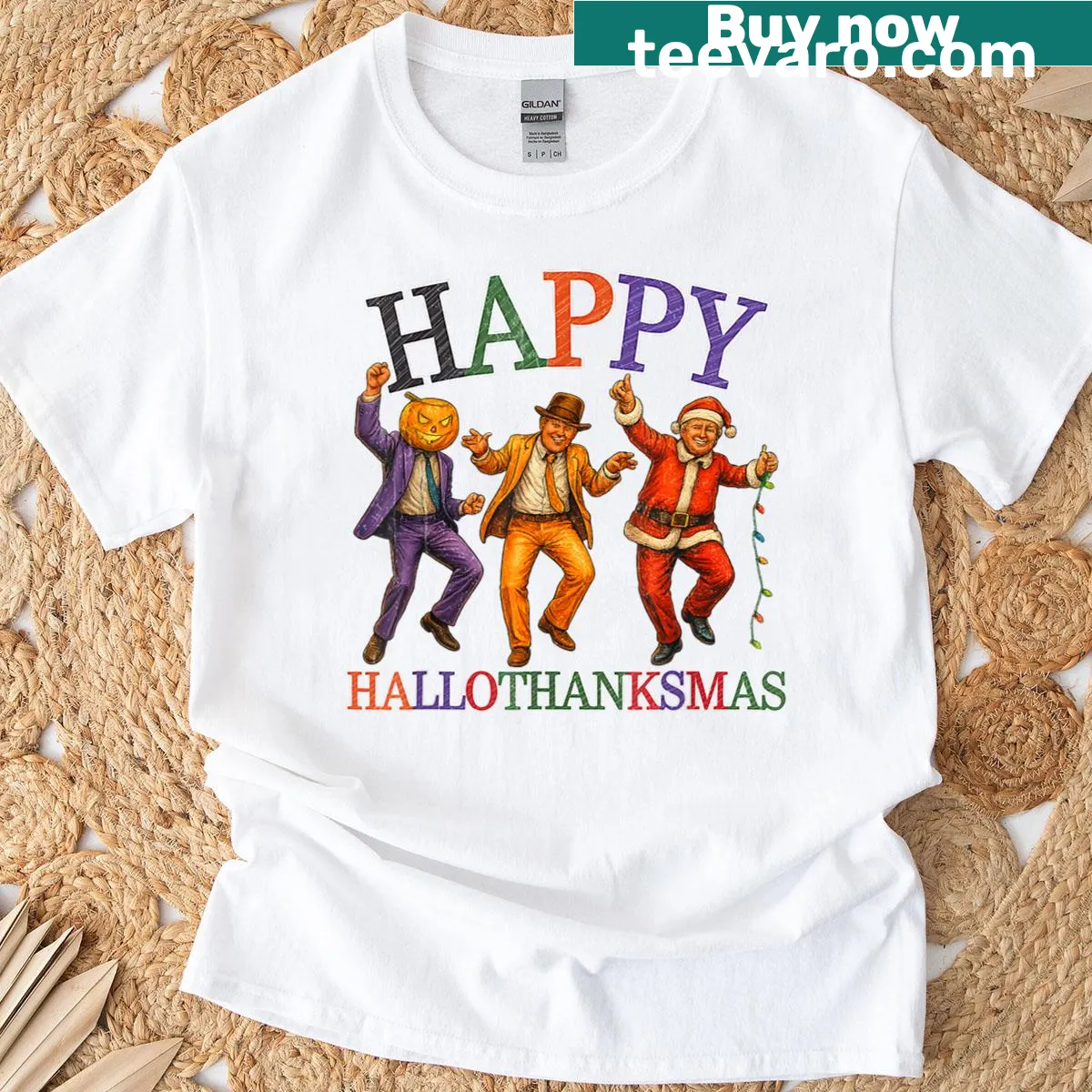 Funny dancing Trump graphic on a Hallothanksmas tee — on a men's t-shirt