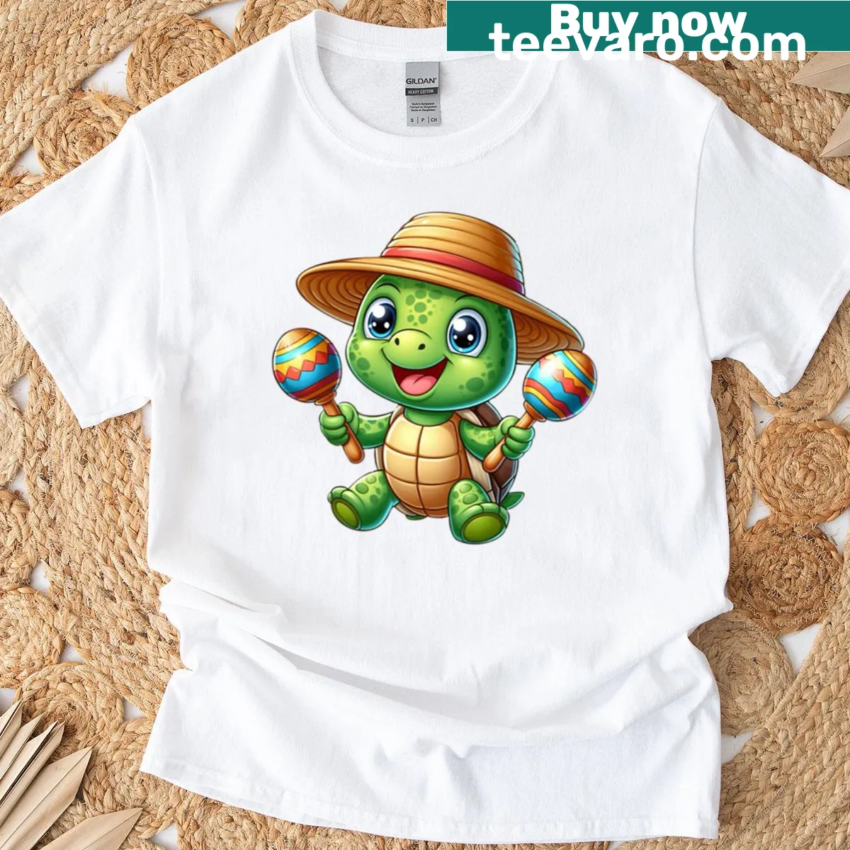 Cartoon turtle with maracas design on a playful T-shirt — on a men's t-shirt