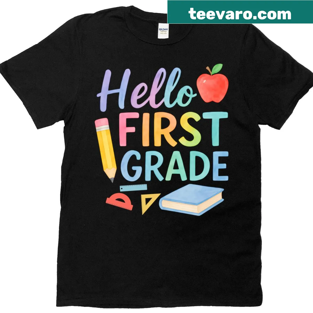 Typography t-shirt for first grade teachers with 'Hello First Grade Team' text — on a men's t-shirt