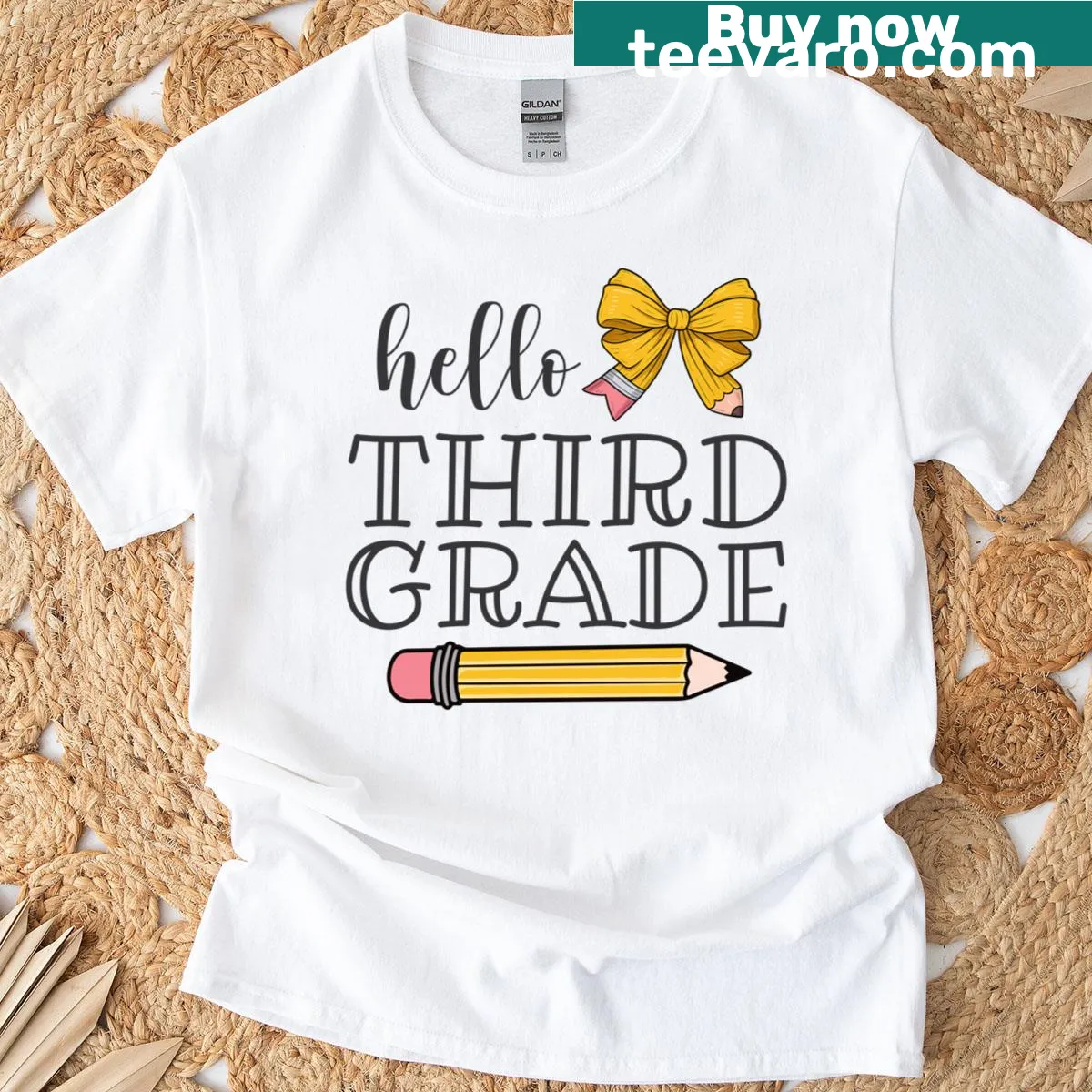 T-shirt for third grade teachers featuring a pencil and bow design — on a men's t-shirt