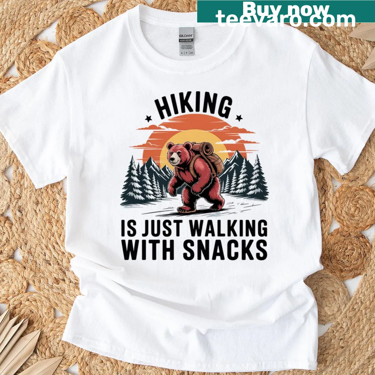 Playful hiking phrase with bear graphic on T-shirt — on a men's t-shirt