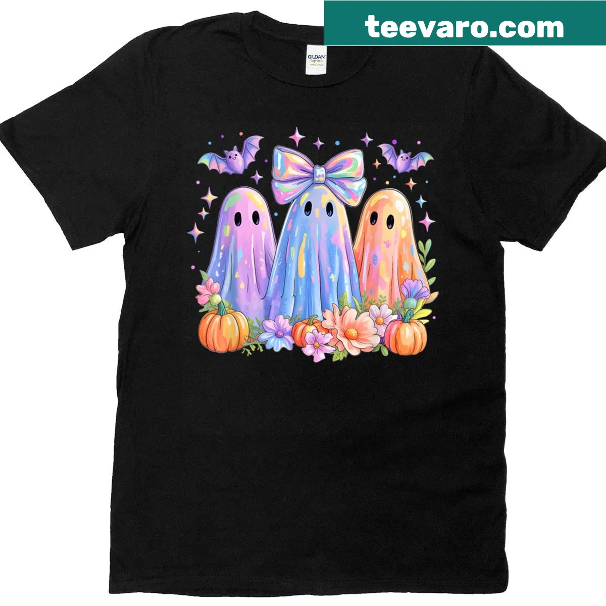 Edgy coquette ghost graphic on a Halloween-themed t-shirt — on a men's t-shirt
