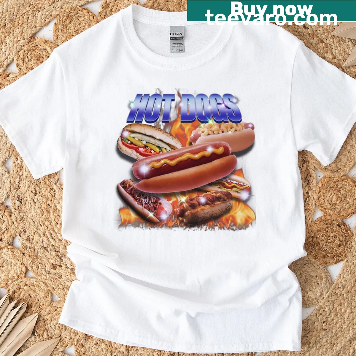 Oversized t-shirt featuring a whimsical hot dog graphic — on a men's t-shirt