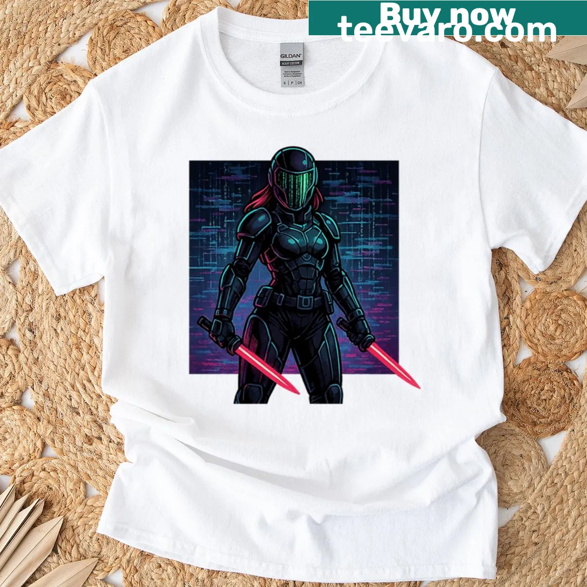 Illustration of a cyberpunk heroine on a t-shirt — on a men's t-shirt