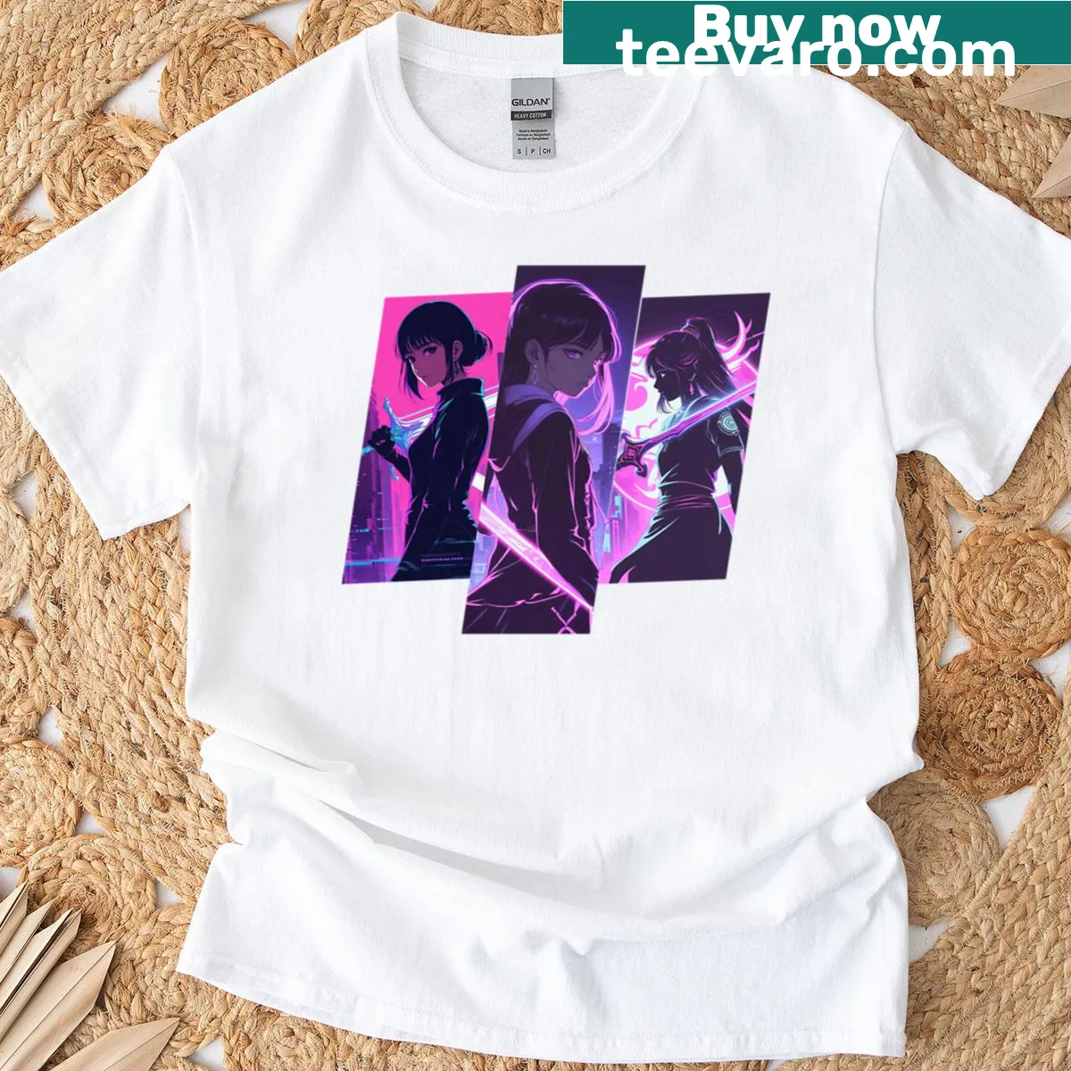 Oversized Huntrix Demon Hunters Squad t-shirt with bold graphics — on a men's t-shirt