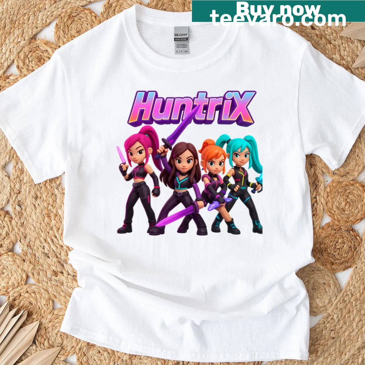 Bold typography T-shirt celebrating Huntrix fights — on a men's t-shirt