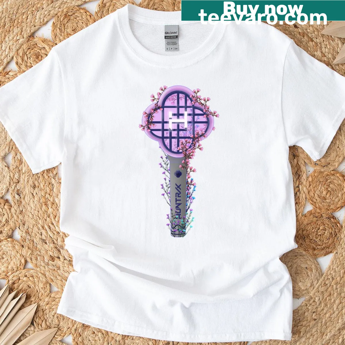 K-pop themed t-shirt featuring Huntrix floral lightstick — on a men's t-shirt
