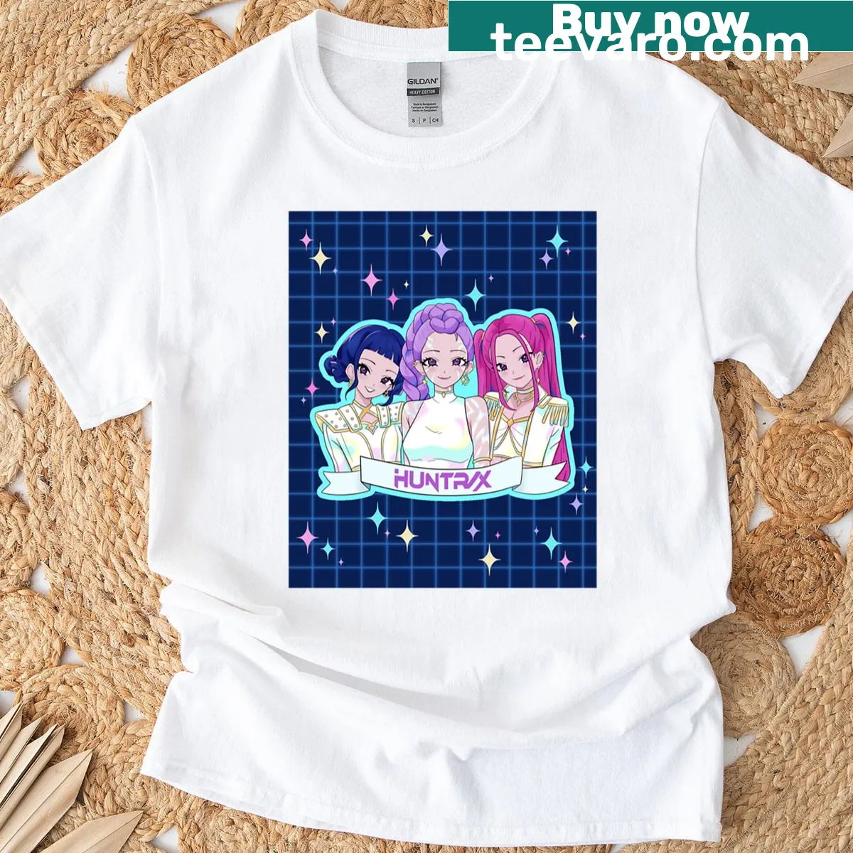 Graphic t-shirt with Huntrix K-pop Demon Hunter poster — on a men's t-shirt