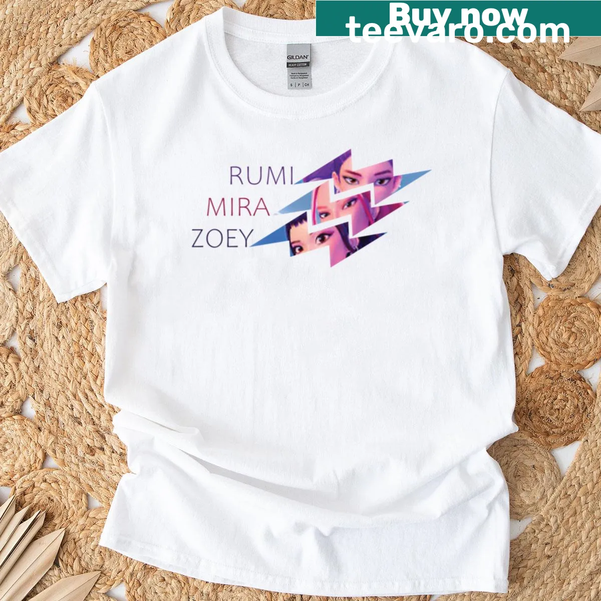 K-pop demon hunters graphic T-shirt featuring Rumi, Mira, and Zoey — on a men's t-shirt