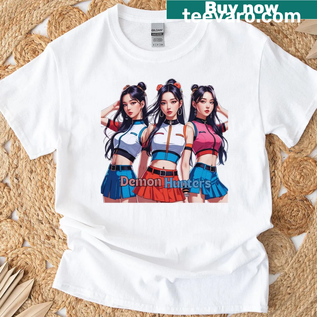 Oversized K-pop T-shirt featuring demon hunting girls — on a men's t-shirt