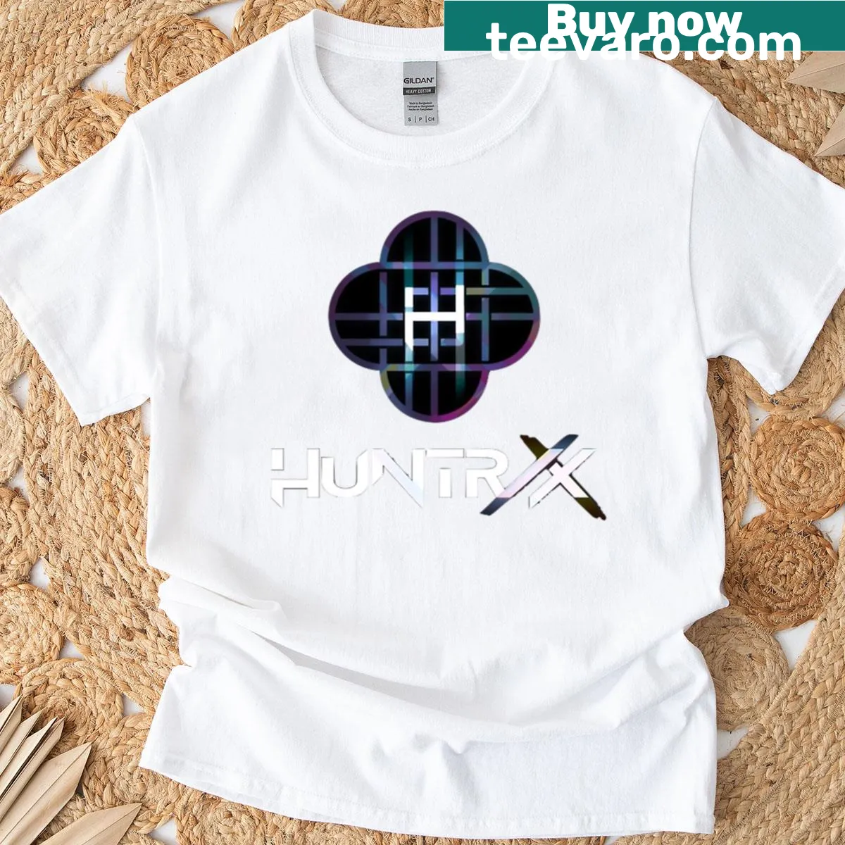 Black T-shirt featuring the Huntrix logo — on a men's t-shirt
